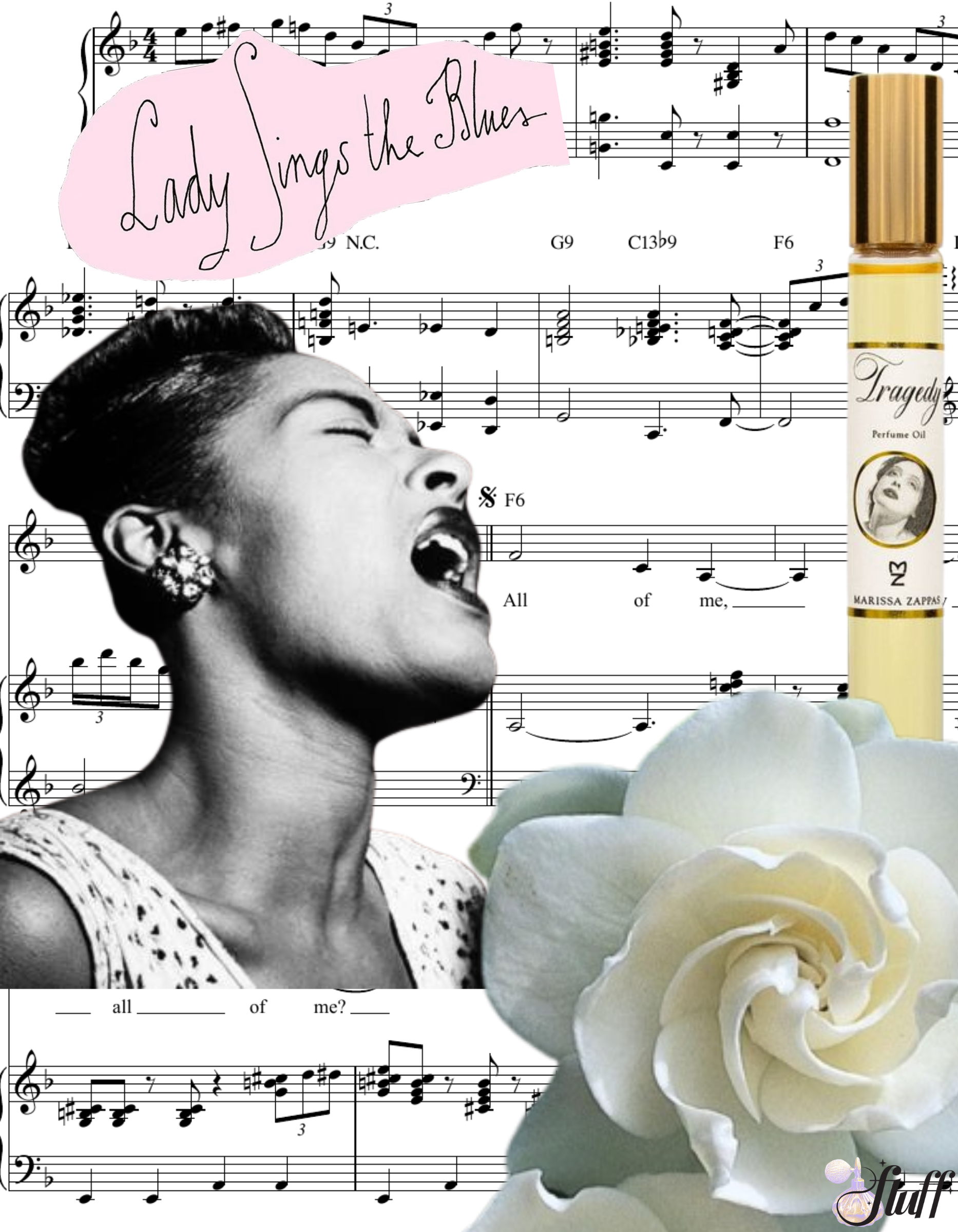 Billie Holiday among her music, the title of her autobiography, a waxy gardenia, and a perfume oil by Marissa Zappas